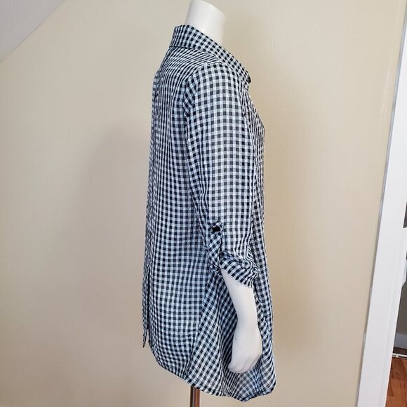Yushi Seersucker Puckered Button Front + Back Button Tunic Black/White Size M - Picture 7 of 14
